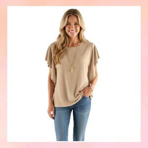 Women's Flutter Sleeve Ribbed Tee in Tan/kaiki